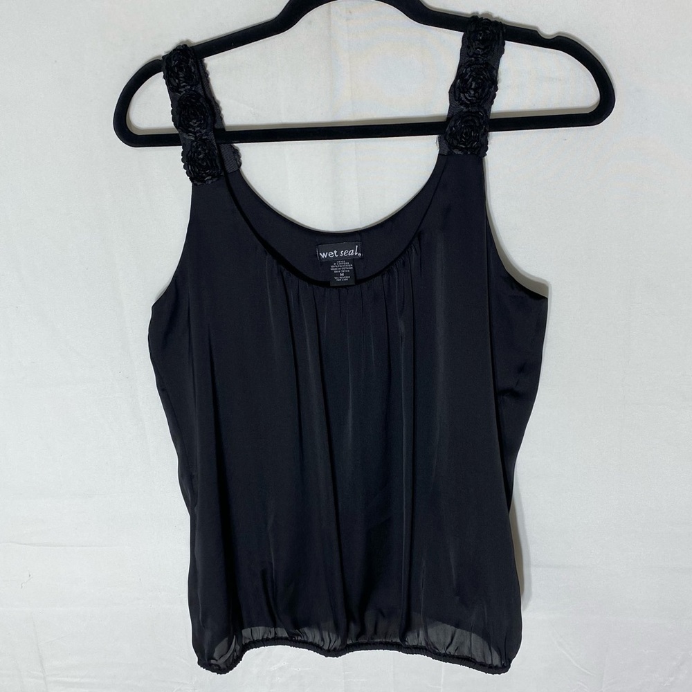 Vintage Y2K Wet Seal Black Bubble Hem Going Out Tank Top W Floral Strap Detail M